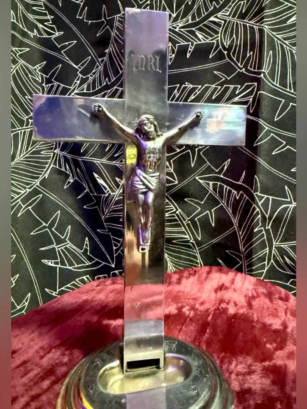 Vintage Standing Crucifix Chrome Holy Water Font Religious Decor